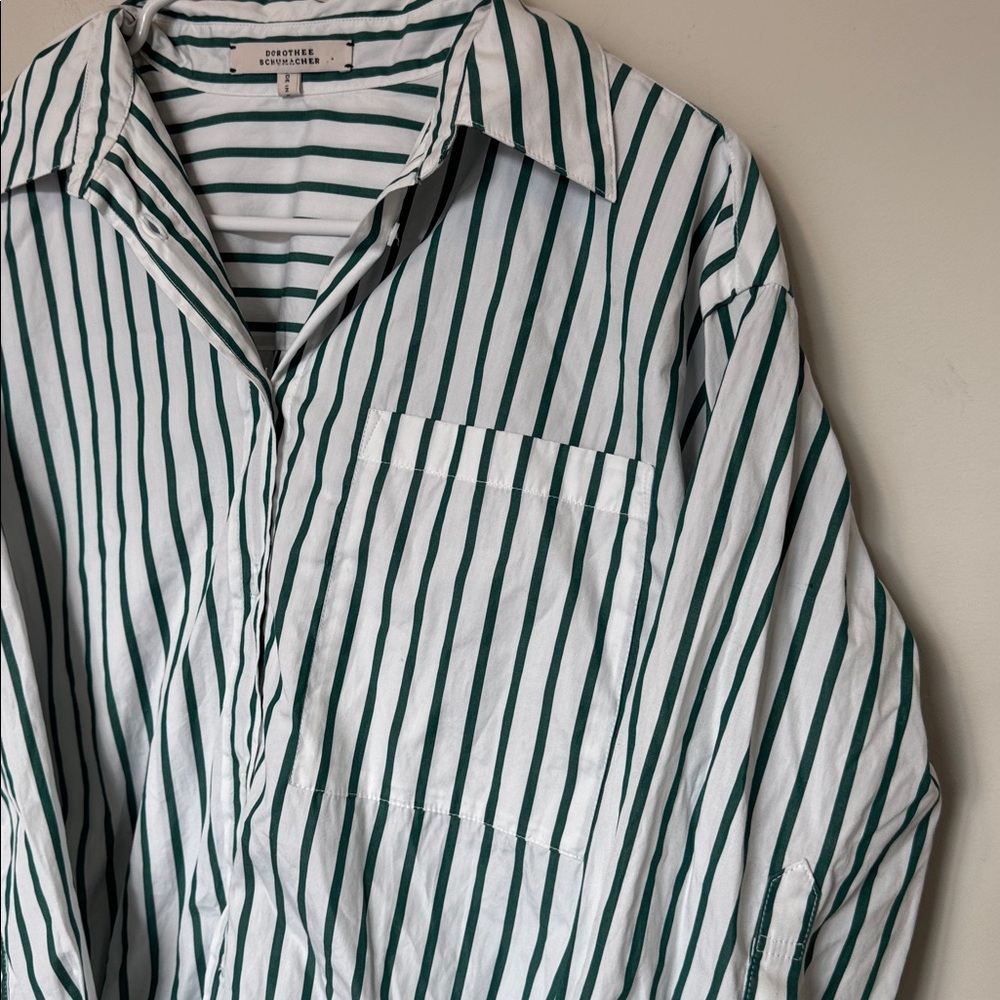 Dorothee Schumacher Bubble Hem Green/White Stripe Button Up Blouse - XS/S - Picture 2 of 5